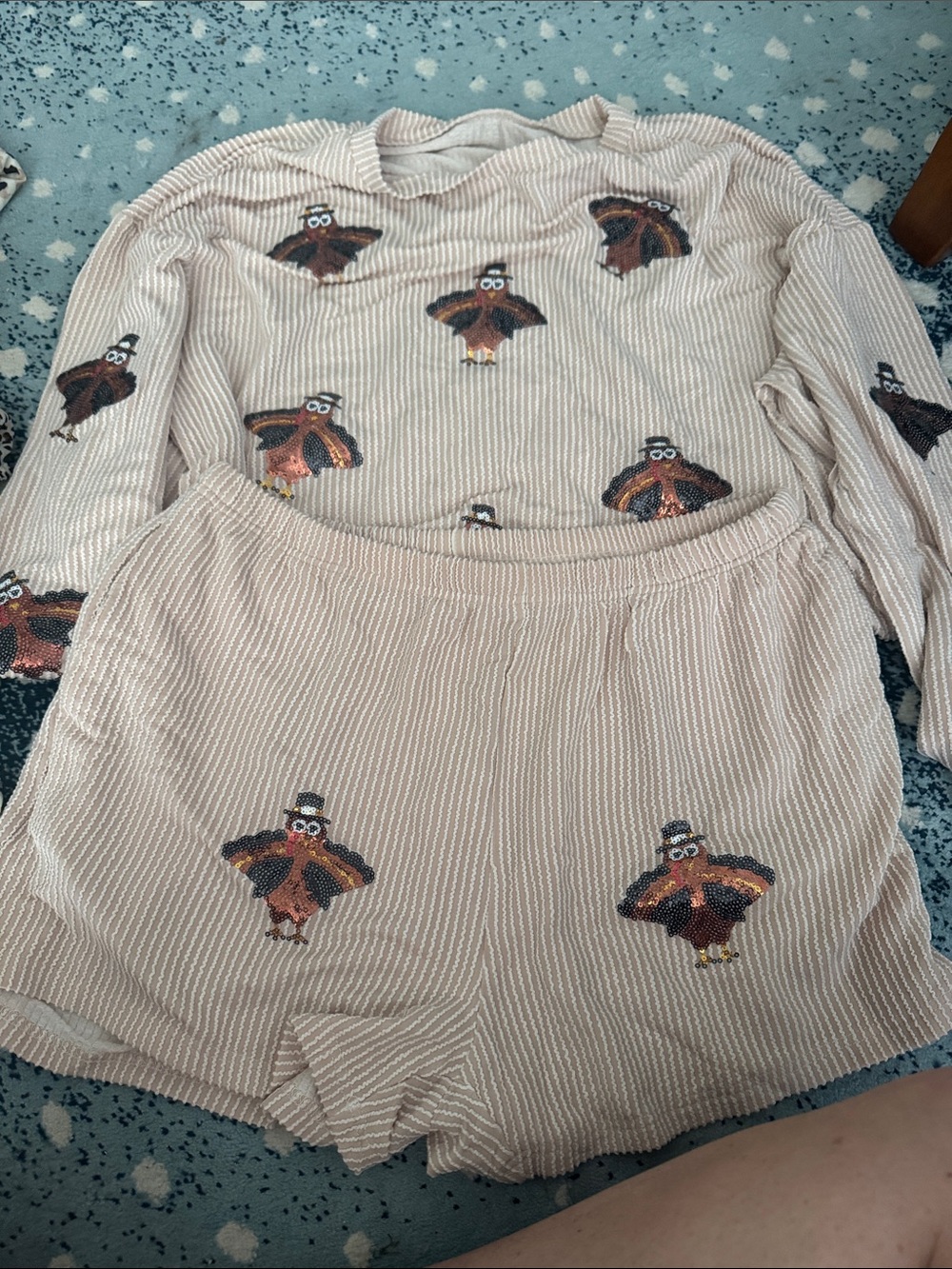Cozy Beige WomensTurkey Print Top and Shorts Set